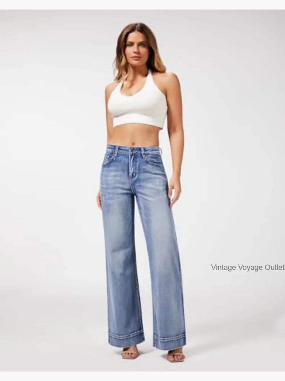 High Waisted Wide Leg Jeans Casual Stretchy Baggy Loose Long Trouser - Picture 3 of 6